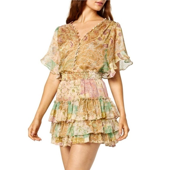 MISA Chiffon Floral Paisley Patchwork Flutter Short Sleeve Button Front Top XS - Picture 9 of 11